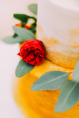 Red rose on the beautiful wedding cake close up.の写真素材