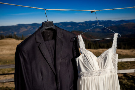 Stylish wedding dress and suit hanging on hanger. Amazing mountain landscape on background.