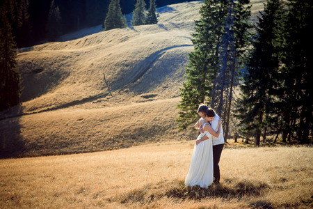 Beautiful wedding couple softly hugs. Amazing mountain landscape on background.の写真素材