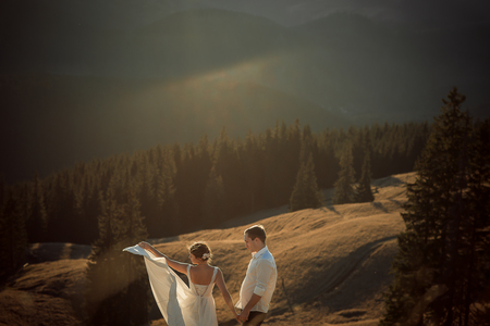 Wedding couple posing. Beautiful mountains on background.の写真素材