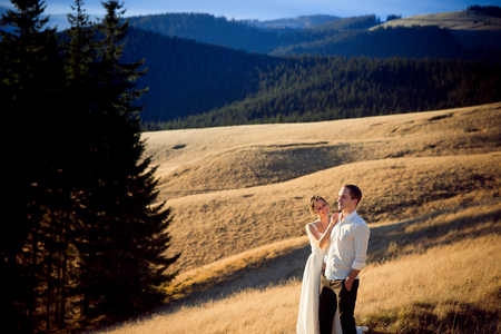 Charming wedding couple standing on the mountain peak. Honeymoon in Alps.の写真素材