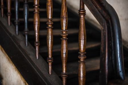 Old wooden stairs close up. Vintage ancient architecture.の写真素材