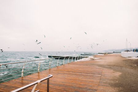 Long pier with seagulls  in the middle of a quiet bay on island.の写真素材