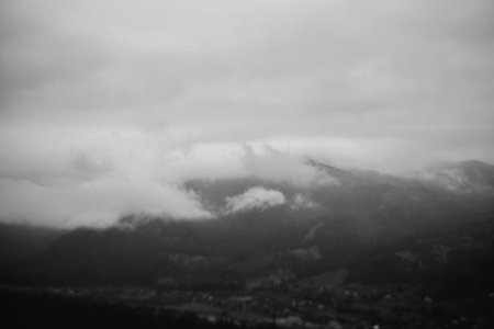 Black and white photo of mountain with the fog, Ukraine.の写真素材