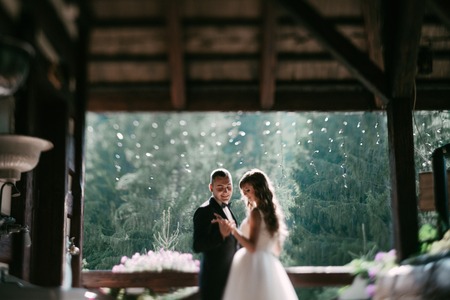 Young married couple standing face-to-face at the balcony and holding hands.の写真素材