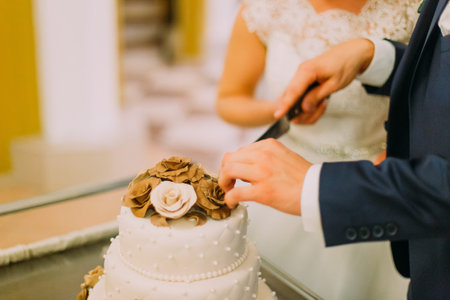 bride and groom cut the wedding cake. The cake is decorated with beige and peach-colored roses....