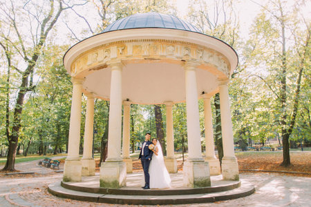 Beautiful bride hugging groom from back against the background of buildings with columns.