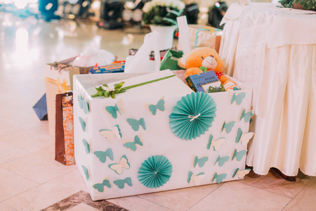 Cute wedding presents for bride and groom in nice colorful boxes.の写真素材