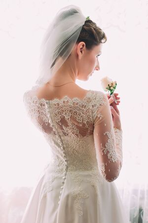 Elegant young and dreamy beautiful bride in a luxurious lace wedding dress. She has lace decoration in her beautiful dark blond hair. She is elegant and delicate. The dress has lacing on the back.の写真素材