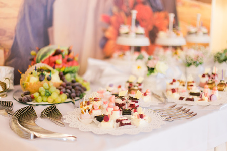 Beautiful delicious stylish macaroons, fruits, cupcakes on the wedding table.の写真素材