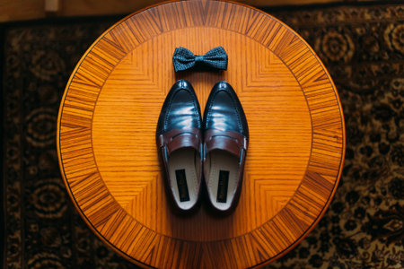 Masculine accessories: black shoes and bow-tie on the brown wooden table.の写真素材