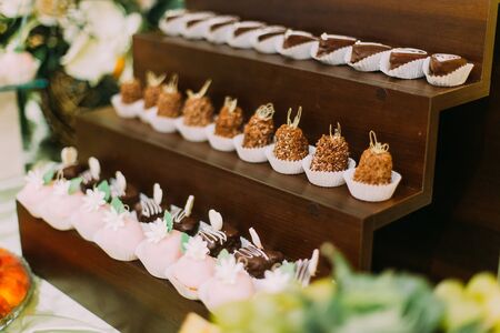 Vintage elegant delicious dessert table with stylish tableware.の写真素材