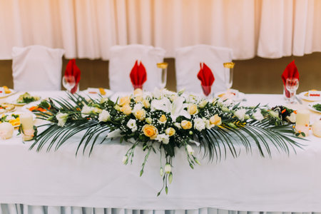Head wedding table floral decoration close up.の写真素材
