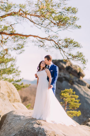 Portrait of romantic newlywed couple holding each other in sunlight on rocky cliff with mountain landscape as backround.の写真素材