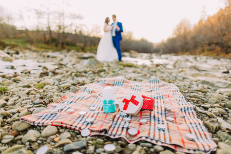 Romantic young bridal pair drinking wine on rocky pebble river bank with forest hills and stream as...
