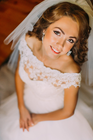 Close-up portrait of beautiful bride in wedding dress.の写真素材