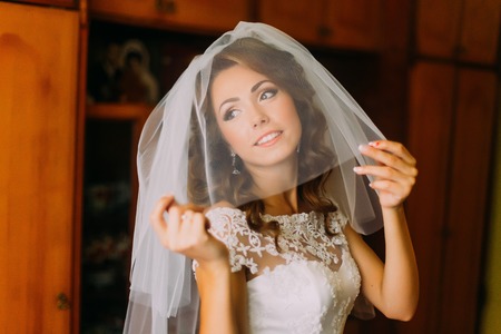 Close-up portrait of beautiful bride in wedding dress with a light veil.の写真素材