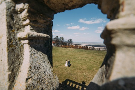 Bride and groom on the green field. Shot taken from old stone balustrade.の写真素材