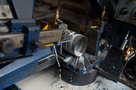 Blue circular saw cuts steel pipe