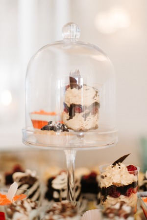 Glass cover hudes tasteful chocolate dessertsの写真素材