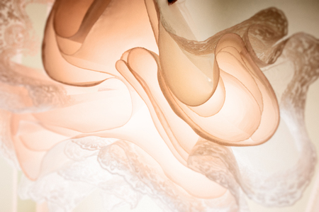 Delicate detail of a wedding dress. Fine lace textureの写真素材