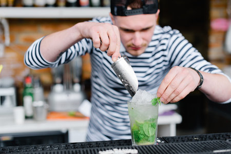 Barman creating a cocktail Mohito . Ice cocktail with mint. Green mint.
