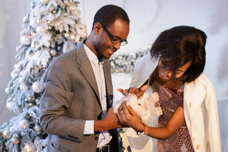 Happy Afro-american couple holdind the small white rabbit near the Christmas Tree on the eve of The New Yearの写真素材