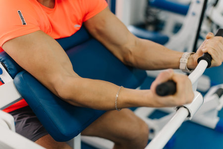 close up photo of mans arms. Guy is training in gym. Perfect curves of his biceps.