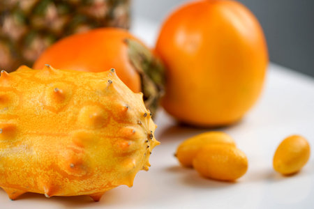Close-up of kiwano melon on a fruit background. Tropical concept