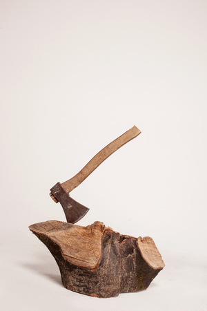 Stump with axe isolated on white backgroundの写真素材