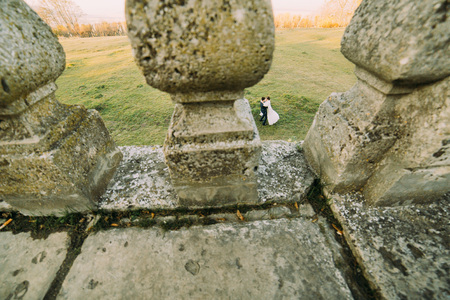 Dancing newlywed couple. Look from the balconyの写真素材
