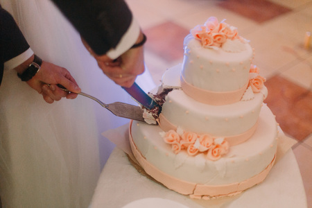 The newlyweds hands are cutting the first piece of the wedding cake. Close-up photoの写真素材