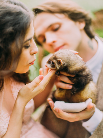 The close-up portrait of the blurred groom holding the brown ferret while the beautiful bride is petting the chin of the ferret.の写真素材
