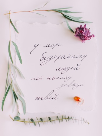 The composition of the letter with inspirational quote decorated with purple flowers and leaves.の写真素材