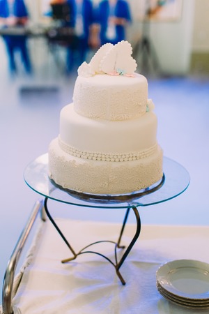 Delicious wedding cake decorated with white flowers and ornamentsの写真素材