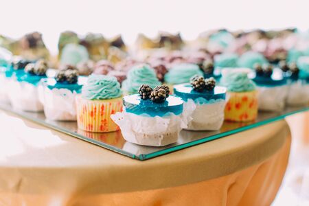 The side close-up view of the little desserts with colourful jellyの写真素材