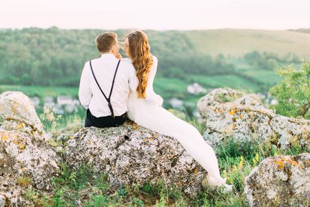 The back vieq of the happy newlyweds sitting on the rock overgrown with green herbs and enjoying the sunset in the mountainsの写真素材