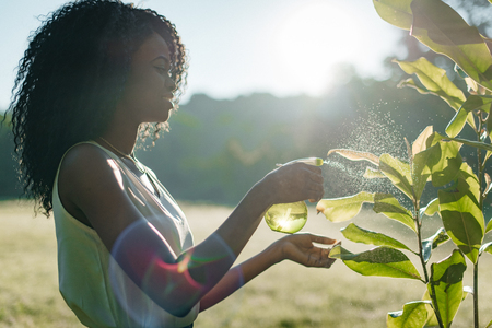 Side portrait of the smiling pretty african girl using the green plastic trigger spray for plants outdoor in the sunlit.の写真素材