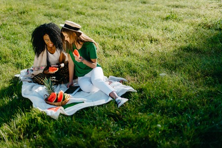 Picnic theme. Two alluring charming african and caucasian girl friends chatting and browsing via the mobile phone while eating the watermelon.の写真素材