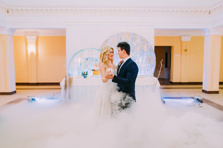 Happy bride and groom  gracefully dance. Wedding celebrationの写真素材