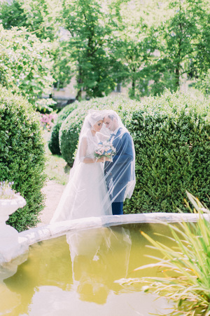 The newlywed couple is standing under the veil behind the fountain.の写真素材