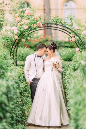 The walking newlyweds in the lovely garden. Full-length view.の写真素材