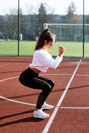 Slim athletic woman in a white shirt and leggings doing squatting exercise in the stadium, sporty girl workout, outdoors.の写真素材