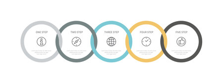 Modern info graphic vector illustration business management, color design. Information business time and more line icons with round design template with 5 steps. Isolated collection for websites.のイラスト素材