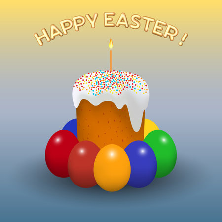 Easter holiday. Happy Easter festive vector illustration. Easter poster and banner template with Easter eggs. Festive template for postcard advertisement poster flyer website mobile devices.のイラスト素材