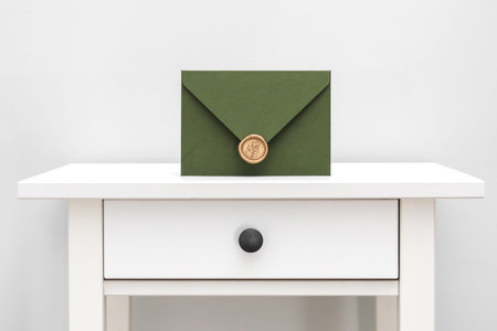 green envelope with a design cardboard and a seal on a white table and on a white background