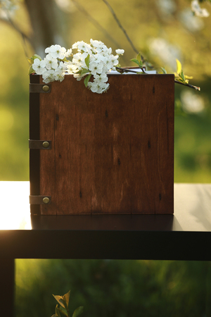 wooden photobook on the tableの写真素材