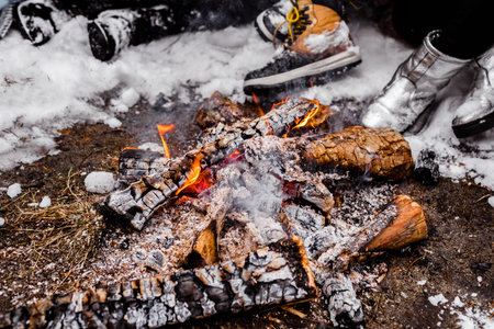Young people sitting with friends around campfire in the forest in winter