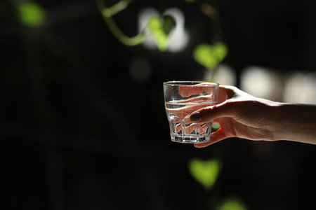 Woman hands isolated, holding a glass of water on a dark background with green leaves.