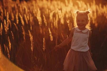The girl is playing in the field among the herbs. beautiful girl at sunsetの写真素材